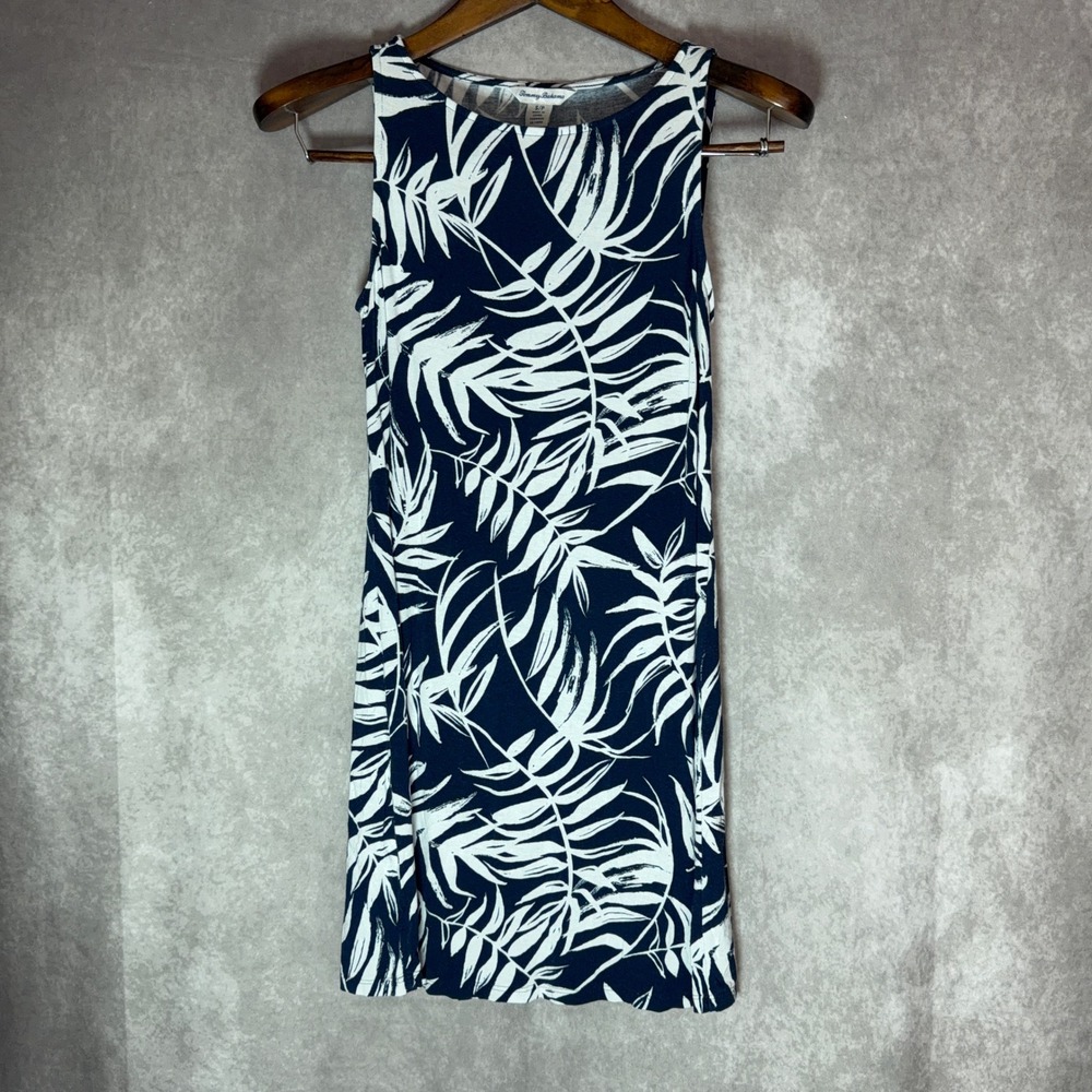 Tommy Bahama Palm Leaf Print Sleeveless Shift Dress Size Small Navy White